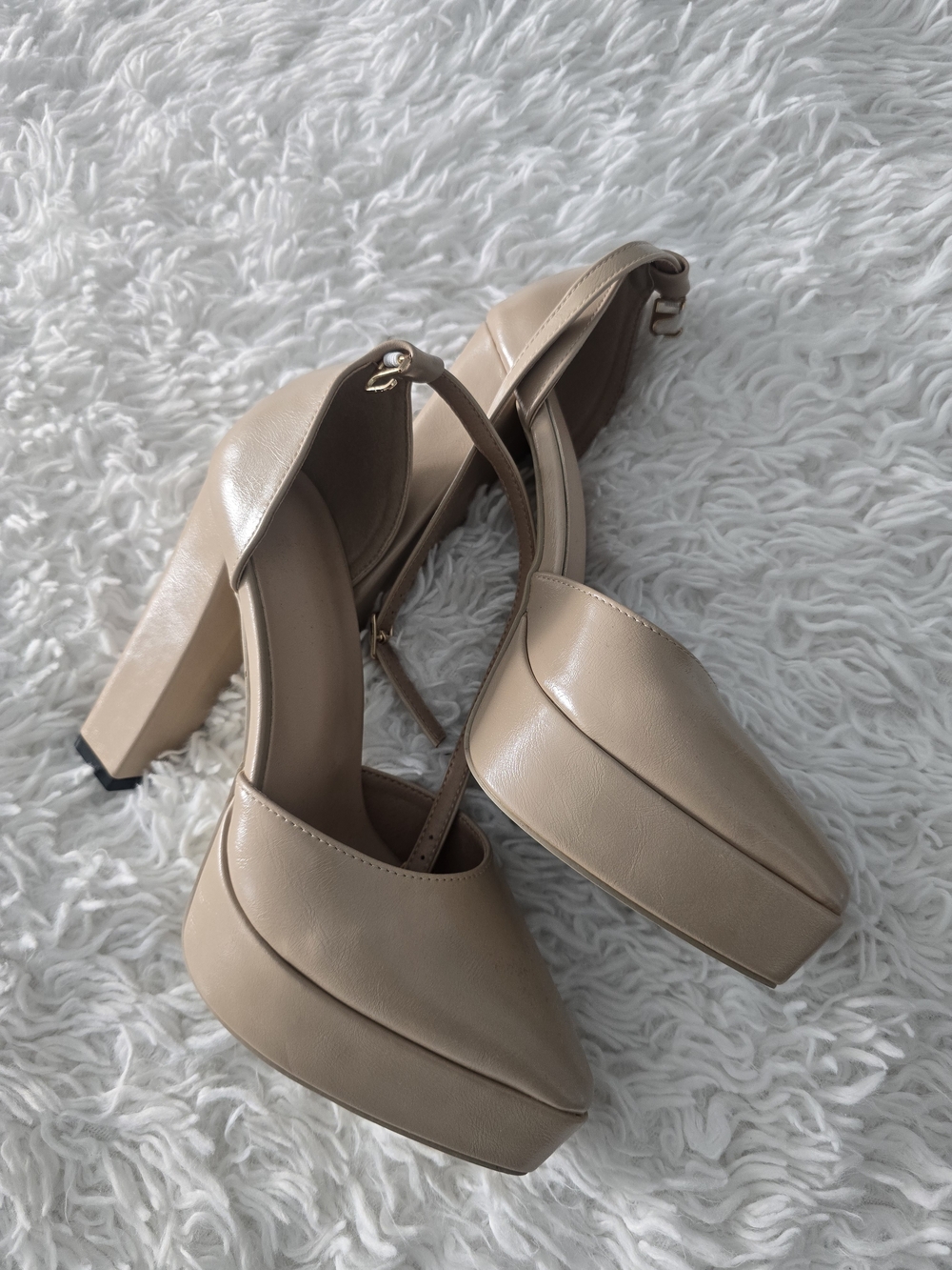 Women’s Beige Platform Block Heel Pumps with Ankle Strap